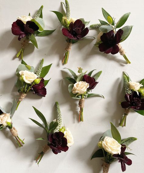 Floral Buttonholes featuring Chocolate Cosmos, spray roses and Eucalyptus. Moody Wedding Flowers, Roses And Eucalyptus, Chocolate Cosmos, Button Holes Wedding, Prom Flowers, Corsage Wedding, Boutonniere Wedding, Event Flowers, Winter Flowers