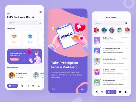 Home & Chat Screen- Doctor Appointment App by Shafiqul Islam 🌱 on Dribbble Moodboard App, Doctor App, Desain Ux, App Redesign, Ui Ux 디자인, Medical App, Mobile App Design Inspiration, App Interface Design, Proposal Writing