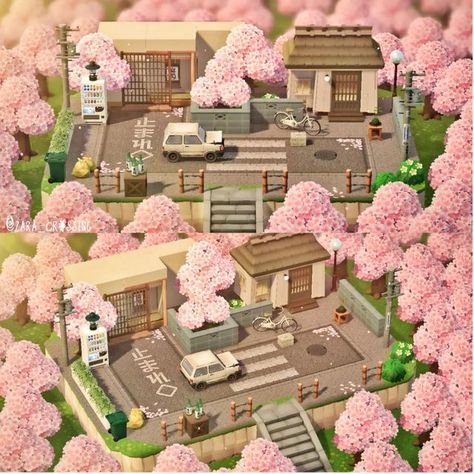 Korea Animal Crossing, Acnh Island Designs Korea, Acnh Pink Building, Acnh Korean Island, Acnh Pink Citycore, Animal Crossing Island Japanese City, Animal Crossing Japanese Town, Acnh Pink Japanese, Acnh Zen Garden