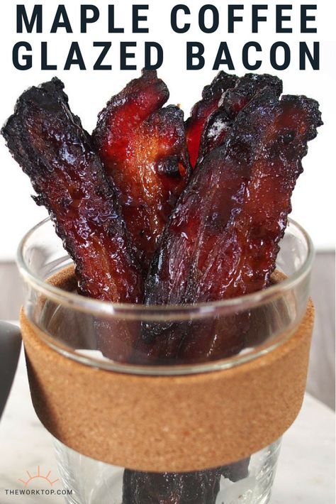 This maple syrup and coffee glazed bacon is a breakfast recipe everyone will love! Each strip is crispy and flavorful. Cooked in the oven and great for a party. Recipe on www.theworktop.com. || #bacon #coffee #breakfast #brunch #recipe #maplesyrup Brunch Recipes With Bacon, Gluten Free Coffee, Brunch Bar, Fall Brunch, Easy Brunch Recipes, Brunch Recipe, Candied Bacon, Easy Brunch, Coffee Breakfast