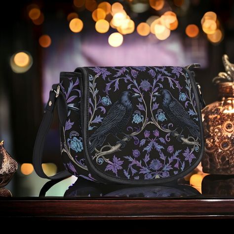 purple ravens saddle bag by BlackCherryKiss on Etsy Embroidery On Leather Bags, Goth Bag, Witchy Bag, Witchy Purse, Goth Purse, Magic Clothes, Saddle Bag Purse, Gothic Bag, Unique Handbags