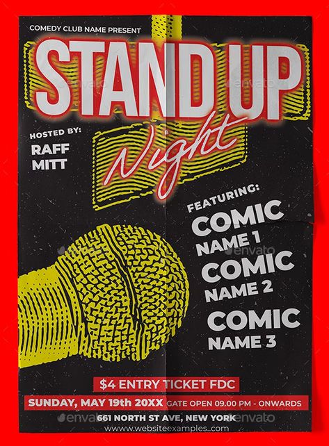 Stand Up Night - Comedy Show Poster Template, Print Templates | GraphicRiver Stand Up Poster Design, Comedy Night Flyer, Comedy Show Aesthetic, Comedy Night Poster, Comedy Poster Design, Stand Up Comedy Poster, Comedy Show Poster, Talent Show Poster, Comedy Poster