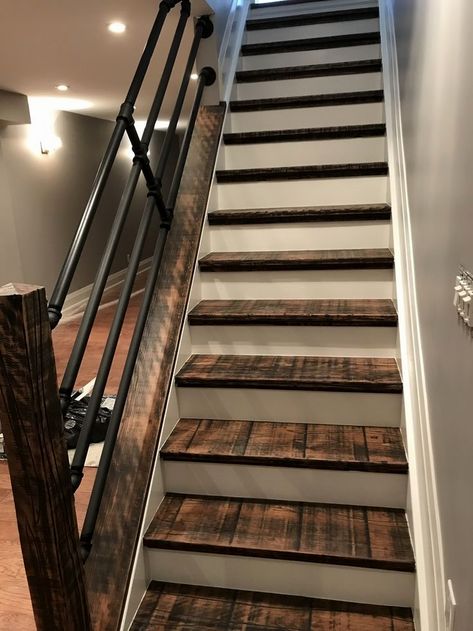 Remodel Basement Stairs, Industrial Banisters And Railings, Galvanized Stair Railing, Industrial Handrails For Stairs, Industrial Staircase Railing, Industrial Basement Stairs, Industrial Rustic Basement, Basement Stairway Railing Ideas, Industrial Farmhouse Stair Railing