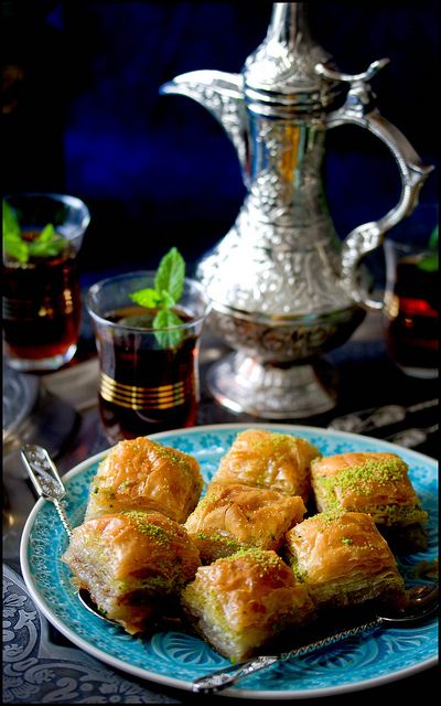 Sweet Baklavas and strong Arabic tea... | by jultchik7 Turkish Baklava, حلويات عربية, Puff Pastry Desserts, Lebanese Recipes, Turkish Food, Pastry Desserts, Persian Food, Silver Tea, Middle Eastern Recipes