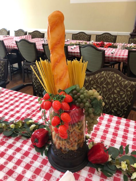 Italian Dinner Party Ideas Decorations, Spaghetti Dinner Decorations, Italian Luncheon Decorations, Italian Restaurant Table Decor, Italian Themed Dinner Party Centerpieces, Pasta Centerpiece Italian Theme, Italian Party Decorations Decor Ideas, Italian Table Decorations, Italian Wine Dinner Decor