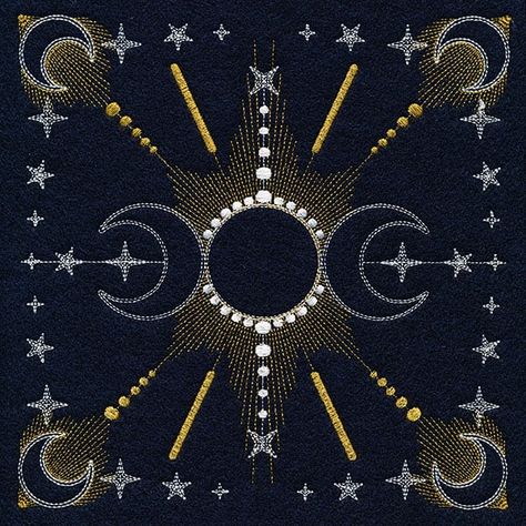 <p>With only two color changes, this celestial machine embroidery design is a quick and easy way to decorate pillows, table runners, and more.</p><p><br></p><ul><li>Contains sheer stitching throughout; all black areas are open to fabric.</li><li>Metallic thread was used to stitch the design as shown, but standard 40 wt. thread can be used if preferred.</li><li>Curious how we made the pillow featured in the photos above? We stitched two of the new Celestial Symmetry square onto black fabric, and Celestial Embroidery Pattern, Celestial Crochet Patterns, Embroidery Celestial, Celestial Crochet, Celestial Embroidery, Market Table, Rug Patterns, Velvet Corset, Draping Fashion