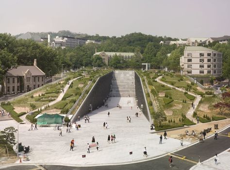 Dominique Perrault Architecture · Ewha Womans University Ewha Womans University, Educational Architecture, University Architecture, Roof Architecture, Green Architecture, Education Architecture, Tianjin, University Campus, Suzhou