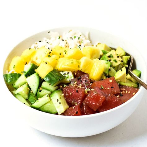 Hawaii Poke Bowl Recipe (Gluten Free) • Tastythin Hawaii Poke Bowl, Hawaii Poke, Hawaiian Poke Bowl, Mango Pineapple Salsa, Hawaiian Poke, Poke Bowl Recipe, Avocado Bowl, Eggroll In A Bowl, Protein Bowls