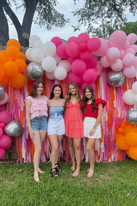 grad party inspo | high school graduation | party inspo | photo backdrop | disco party The Future Is Bright Graduation Party, Photo Drop Backgrounds, Graduation Disco Party, Pink Orange Gold Graduation Party, Graduation Dance Themes, Graduation Party Ideas Disco, Disco Themed Grad Party, Last Disco Graduation Party, Pink Disco Graduation Party