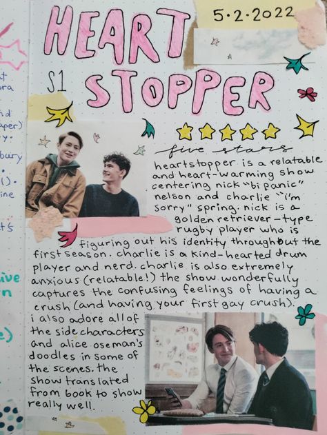 Charlie's Journal Heartstopper, Show Review Journal, Heartstopper Journal Page, Heartstopper Doodles, Heartstopper Crafts, Heartstopper Journal, Alice Oseman, Heart Stopper, Alice Book