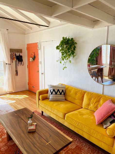 Yellow Couch, Bedroom Addition, Yellow Sofa, Apartment Decoration, Bright Apartment, Bedroom Loft, Loft Spaces, Living Room Inspo, Couches Living Room