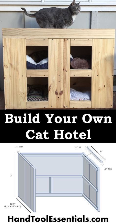 Build the Cat House Your Kitties Deserve with our free DIY tutorial. We've provided step-by-step plans to build the ultimate cat house or hotel for your feline friends. Included in our plans is a materials list, model diagrams, & live images. Also, we've included expert tips for customizing your cat house to your needs. Diy Feral Cat House, How To Build An Outdoor Cat House, Feral Cat House Plans, Two Story Cat House, How To Build A Cat House For Outside, Diy Wood Cat House, How To Build A Cat House, Feral Cat Feeding Station Diy, Outdoor Cat House Plans Diy