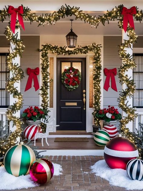 Outside Decorations Christmas, Outside Arch Christmas Decor, Decorate Porch Pillars For Christmas, Christmas Decor Pillars Outdoor, Front House Christmas Decorations, Diy Christmas Exterior Decorations, Chic Outdoor Christmas Decor, Front Porch Gingerbread House Decor, Front Gate Christmas Decorations