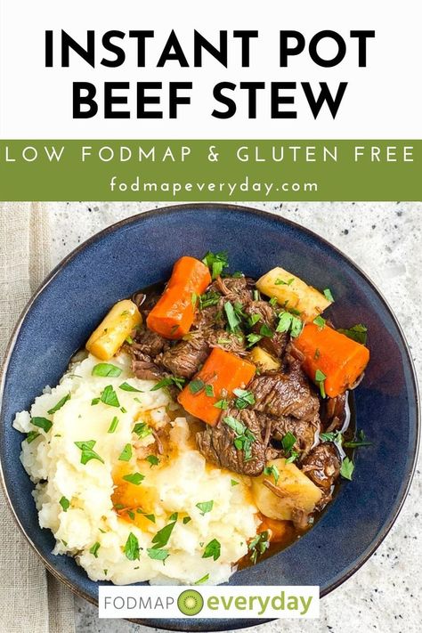 We love comfort food and our Low FODMAP Instant Pot Beef Stew combines classic beef stew flavors with the modern, quick-cooking approach of the Instant Pot. Tender beef, carrots, parsnips, scallion (greens), red wine and tomato make a rich dish that is a cinch to pull together. #dairyfree #glutenfree #easyrecipe #comfortfood #lowfodmapdiet#fodmap #lowfodmap #fodmapeveryday #ibs #ibsdiet Instant Pot Beef Stew Recipe, Pressure Cooker Beef Stew, Instant Pot Stew, Instant Pot Beef Stew, Gluten Free Instant Pot, Pressure Cooking Today, Easy Beef Stew, Hearty Beef Stew, Pot Beef Stew