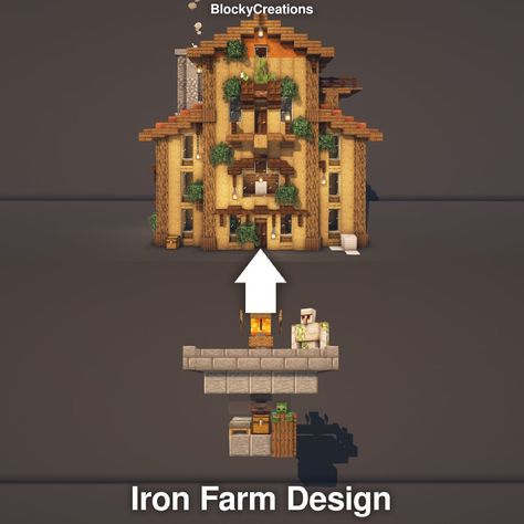 BlockyCreations | Minecraft on Instagram: “Today I’ve got for you my Iron Farm Design - enjoy 😃 The farm was originally designed by MineTheFab on YouTube ➖➖➖➖➖ Also if you want to…” Iron Farm Building Minecraft, Minecraft Iron Farm Decoration, Minecraft Iron Farm Design, Blockycreations Minecraft, Cactus Farm Minecraft, Minecraft Iron Farm, Minecraft Farming, Minecraft Kale, Minecraft Building Designs