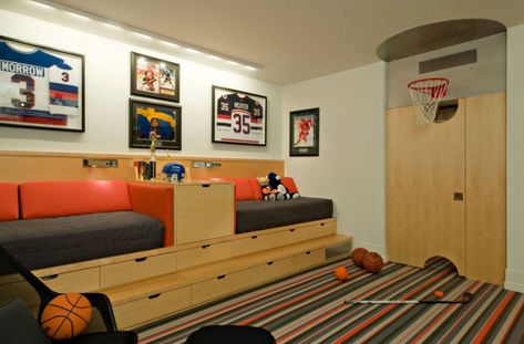 47 Really Fun Sports Themed Bedroom Ideas - Sebring Design Build Boys Shared Bedroom Ideas, Basketball Bedroom Decor, Fresh Bedroom Decor, Shared Boys Room, Basketball Themed Bedroom, Shared Bedroom Ideas, Basketball Room Decor, Sports Themed Bedroom, Boy Sports Bedroom