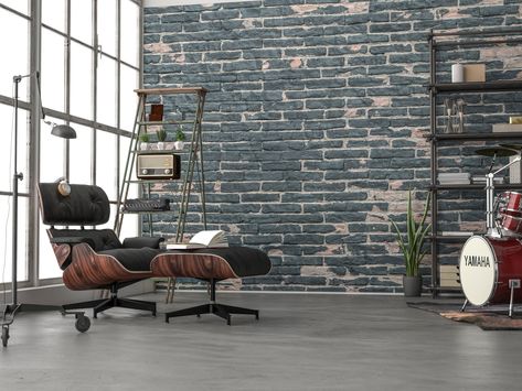 Urban look: Bricks that have grown black over the years bring contemporary industrial chic into the home as a photomural. @komarproducts Black Brick Wallpaper, Brick Wallpaper Bedroom, Painted Brick Wall, Painted Bricks, Bricks Wall, Painted Brick Walls, Industrial Chic Style, Wall Murals Painted, Black Brick