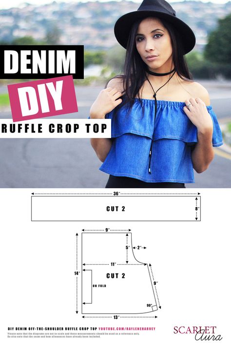 In this DIY I show you how to make a super easy light-weight denim off-the-shoulder crop top. This style of top is so on trend right now as it features romanticism, off-the-shoulder, maybe even a little Victorian, and the denim gives it a seventies vibe. It’s the perfect item to take with you when travelling because it can be worn in several different ways – five of which I demonstrate in the video! Full post: http://www.scarletaura.com/2016/06/denim/ Diy Ruffle, Diy Tops, Diy Vetement, Ruffle Crop Top, Denim Diy, Diy Couture, Diy Dress, Dress Sewing Patterns, Mode Vintage