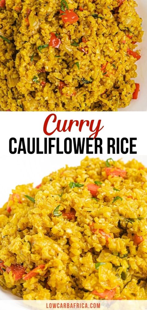 This curry cauliflower rice, made with scallions and red bell peppers, is a fast and easy low carb dinner ready in just 20 minutes! #lowcarb #lowcarbrecipe #lowcarbdiet #keto #ketorecipe #ketodiet #nigerianrecipe #nigerianfood #nigeria #africa #lchf | LowCarbAfrica.com How To Cook Frozen Cauliflower Rice, Cauliflower Rice Recipes Indian, Vegan Riced Cauliflower Recipes, Curried Cauliflower Rice, Vegetarian Cauliflower Rice Recipes, Cauliflower Rice Dishes, Cauliflower Rice Recipes Healthy Easy, Curry Cauliflower Recipes, Vegan Cauliflower Rice Recipes