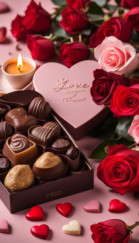 Wallpaper for Valentine's Day - Love with Roses, chocolates and candle - AI creation Happy Valentines Day Pictures, Flowers For Valentines Day, Happy Valentines Day Images, Chocolate Roses, Chocolate Day, Happy Friendship, Valentines Wallpaper, Valentines Flowers, Valentine Day Love