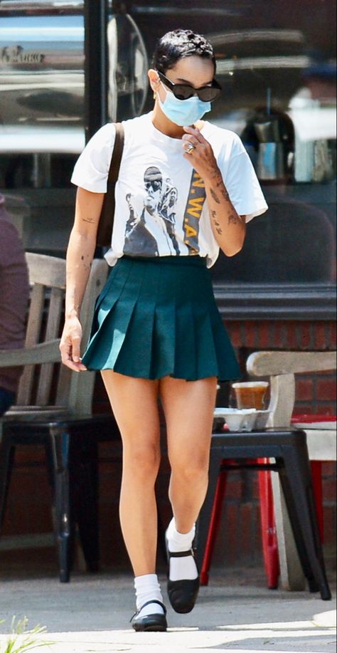 Zoey Kravitz, Green Tennis Skirt, Zoe Kravitz Style, Zoë Kravitz, Tennis Skirt Outfit, Zoe Kravitz, Celebrity Street Style, British Vogue, Outfit Combinations