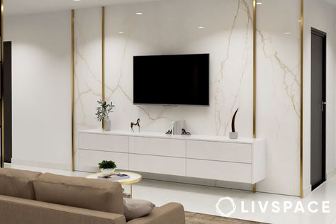 white-marble-tv-unit-design-with-inserts Marble Tv Unit Design, Marble Tv Unit, Tv Unit Design Ideas, Living Room Vibes, Tv Unit Design Modern, Tv Unit Decor, Marble House, Guest Bedroom Design, Tv Cabinet Design