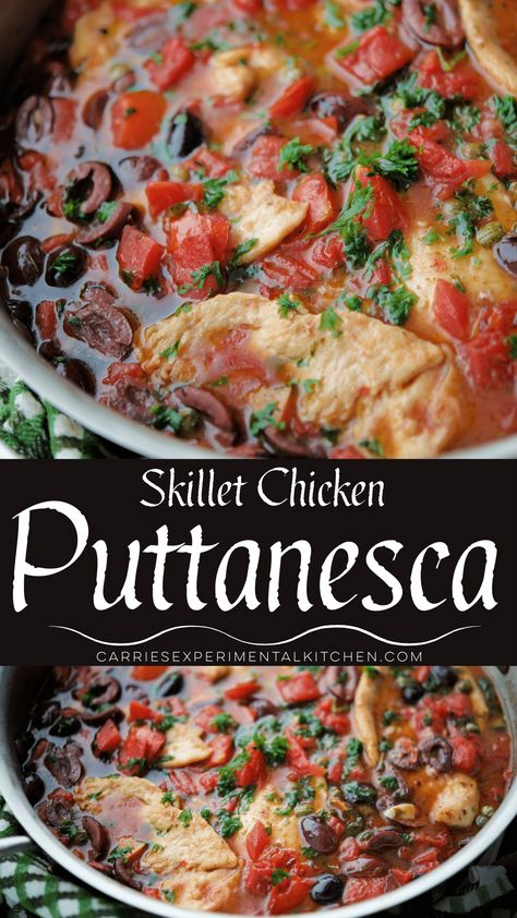 Italian style Chicken Puttanesca made with boneless chicken breasts, Kalamata olives, capers, tomatoes and fresh herbs. #chicken #lowcarb #keto #glutenfree #skillet Italian Chicken Skillet Recipes, Chicken With Olives And Tomatoes, Chicken Kalamata Olives Recipe, Chicken Puttanesca Recipes, Kalamata Olive Recipes, Mediterranean Chicken Skillet, Italian Chicken Breast Recipes, Chicken And Olives, Italian Style Chicken