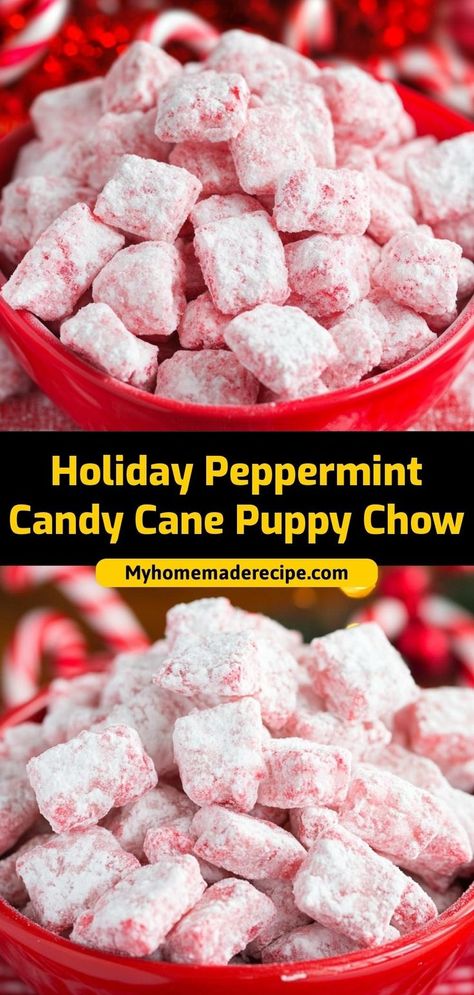 This holiday peppermint candy cane puppy chow is sweet, minty, and perfect for holiday snacking. A fun and festive treat for everyone! Ingredients: 6 cups Chex cereal 1 cup white chocolate chips 1 cup crushed candy canes 1 cup powdered sugar Christmas Treats Peppermint, Puppy Chow Christmas, Chex Mix Christmas, Candy Cane Recipe, Peppermint Treats, Peppermint Recipes, Puppy Chow Recipes, Candy Cane Cookies, Candy Truffles