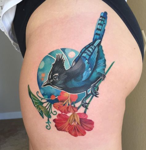 Steller Jay Tattoo, Stellers Jay Tattoo, Stellar Jay Tattoo, Nasturtium Tattoo, Steller Jay, Jay Tattoo, Ink Poisoning, Body Markings, 13 Tattoo