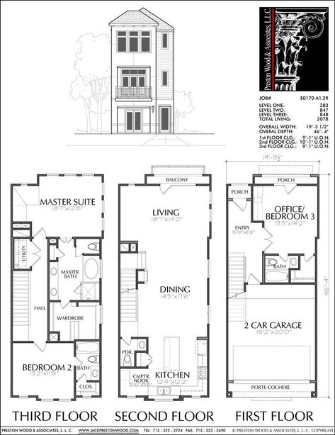 This townhome plan has 2078 square ft. of living space. This townhouse plan design has a width of 19'-3 1/2" and a depth of 46'-4". For more information on this townhome plan and floor plans please call 713 522 2724 or E-mail us.   LEVEL ONE:                      383 LEVEL TWO:                     847 LEVEL THREE:               &nbsp Two Story Townhouse Floor Plans, Small Townhouse Plans, Row House Design Floor Plans, Two Bedroom Townhouse Floor Plans, 3 Story Townhouse Floor Plan, Townhomes Floor Plans, Townhouse Blueprint, Condo Layout Floor Plans, 3 Bedroom Townhouse Floor Plan