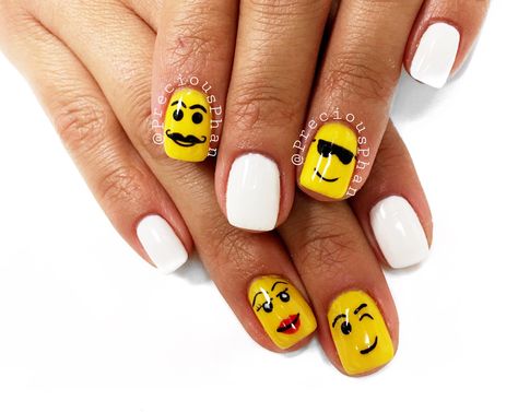 White and yellow nails. Lego nails. Legoland. Birthday party theme. #PreciousPhan Legoland Nails, Lego Nail Art, Lego Nails Designs, White And Yellow Nails, Legoland Birthday, Lego Nails, Kid Nails, Lego Faces, Pedi Ideas