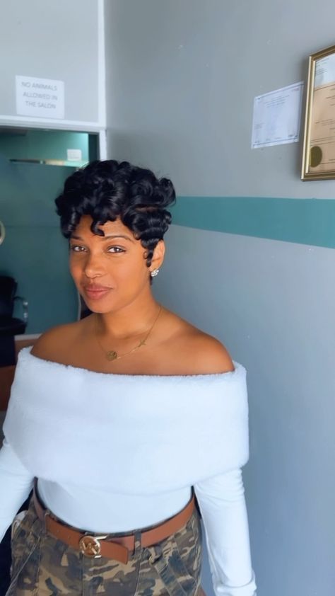 Teerozay | A bunch of curls you know the drill ❤️❤️. #detroithairstylist #fyp #shorthairstylesforblackwomen #michiganshorthairstylist #afrohaircom… | Instagram Big Curls Short Hair Black Women, Curl Pixie Hair, Black Women Haircut, Black Girls Short Hair Waves, Pixie Cut Outfits Black Women, Pixie Waves Black Women, Pin Curls For Short Hair, Short Pixie Cuts, Up Do Hairstyles For Black Women