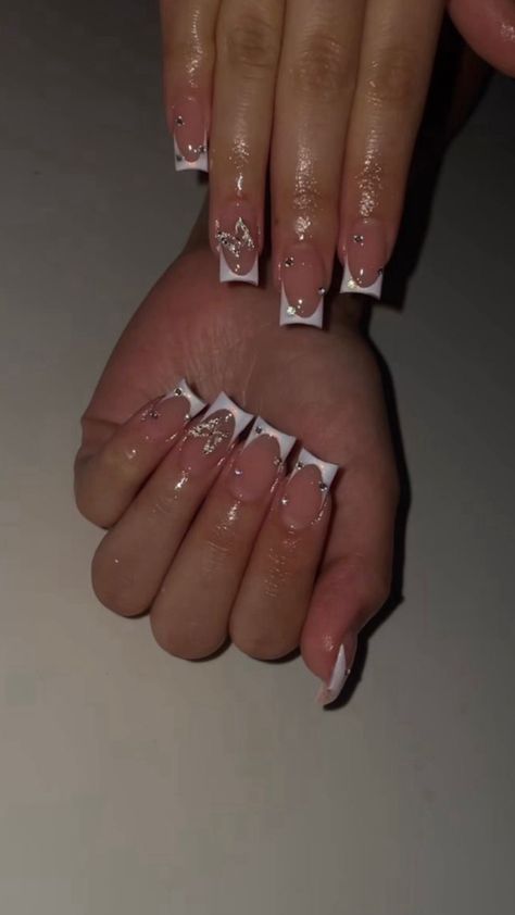 Short French Tip Acrylic Nails With Pearls, Smeduiem Acrylic Nails, Small Nails With Diamonds, Short French With Bling, In Memory Nails, Small Medium Nail Designs, Birthday Short Acrylic Nails, Poly Gel Press On Nails, Nails W Gems Rhinestones