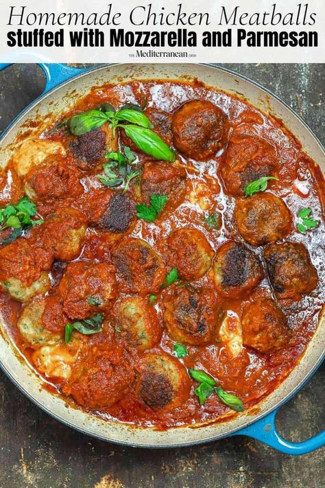 Baked Mozzarella Stuffed Meatballs Stuffed Meatballs Baked, Stuffed Chicken Meatballs, Baked Mozzarella, Meatballs Baked, Chicken Parmesan Meatballs, Stuffed Meatballs, Mozzarella Stuffed Meatballs, The Mediterranean Dish, Diet Recipes Easy