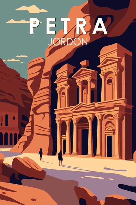 Retro art poster of Petra, Jordan showcasing the ancient wonder and architectural marvel. Petra Illustration, Petra Jordan Travel, Petra In Jordan, Punch Wall, Fleurs Art Nouveau, Landmark Poster, City Posters Design, City Of Petra, Jordan Travel