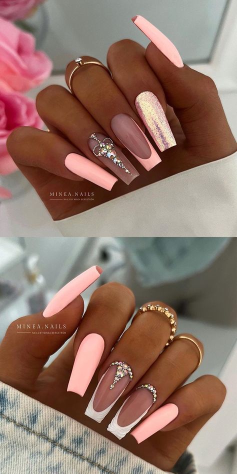 Nail Art Pink French Tip, French Peach Nails, Rhinestone Nails Ideas, Coffin Peach Nails, Peach Gel Nails Design, Nail Designs With French Tip, Peach French Nails, Pink And Peach Nails, Acrylic Nails Designs Coffin