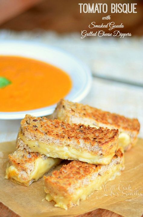 Tomato Bisque with Smoked Gouda Grilled Cheese Dippers from willcookforsmiles.com Pumpkin Gouda Soup, Gouda Grilled Cheese, Grilled Cheese Sticks, Soup Chowder, Cheese Dippers, Tomato Bisque, Bridesmaid Luncheon, Smoked Gouda, Cheese Sticks