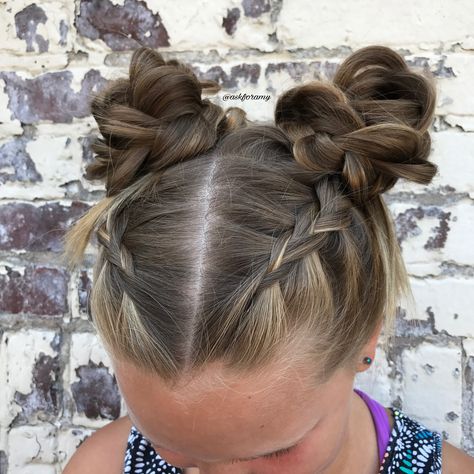 Space Bun Braided Pigtail Buns by @askforamy Pig Buns Hairstyles, Space Bun With Braids, Fancy Pigtails, Dance Buns Hairstyles, Space Pigtails, Cute Pigtail Hairstyles For Women, Space Buns French Braid, Space Bun Pigtails, Bunny Ears Hairstyle