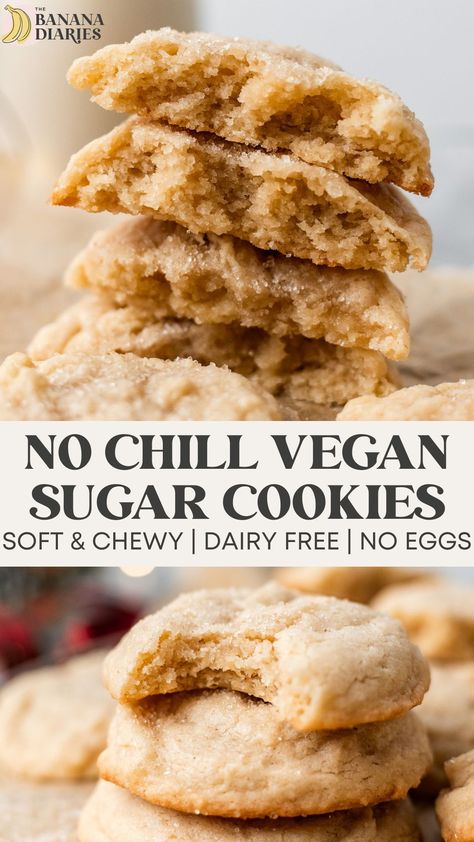 These perfectly soft drop-style sugar cookies are made unbelievably dairy free and without eggs, yet have the most deliciously crisp outer edges with chewy middles. Different from cut-out vegan sugar cookies, this drop-style version is easy to make with just a whisk and ready in 15 minutes (no chilling required!) for your new favorite vegan Christmas cookie recipe! Sugar Free Vegan Desserts, Vegan Christmas Cookies Recipes, Banana Diaries, Gluten Free Vegan Recipes Desserts, Vegan Dessert Bars, Easy Vegan Cookies, Vegan Gluten Free Cookies, Vegan Sugar Cookies, Vegan Christmas Cookies