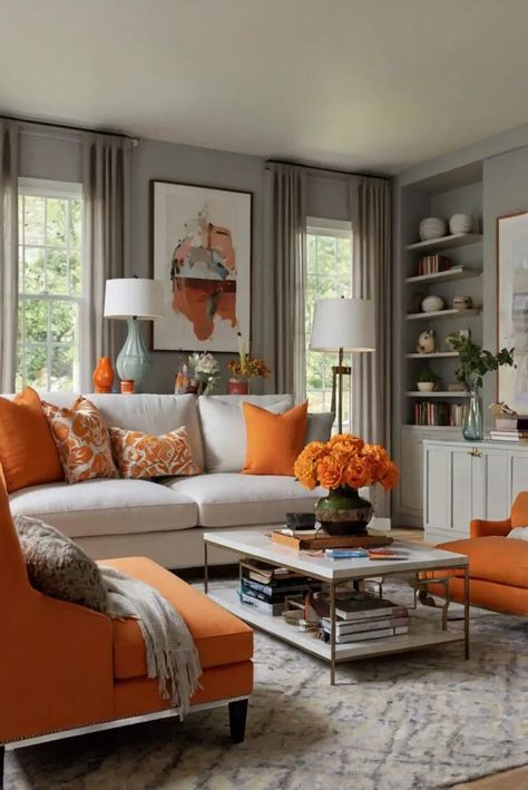 Orange And Grey Living Room Decor, Coastal Modern Bathroom, Grey And Orange Living Room, Colorful Living Room Bright, Renovation Living Room, Paint Colors 2024, Formal Lounge, Modern Paint Colors, Girly Apartment Decor