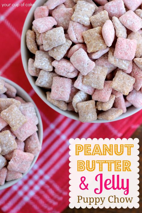 Peanut Butter & Jelly Puppy Chow - Your Cup of Cake Puppy Chow Chex Mix, Puppy Chow Mix, Puppy Chow Chex, Peanut Butter Jelly Recipes, Puppy Chow Cookies, Puppy Chow Snack, Chex Mix Recipes Original, Puppy Chow Chex Mix Recipe, Chex Mix Puppy Chow