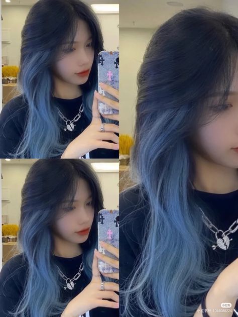 Blue Hair With Black Underneath, Hair Color Ideas Asain, Dark Hair With Light Blue Highlights, Brown Roots Blue Hair, Dark And Light Blue Hair, Blue Peek A Boo Hair, Black And Light Blue Hair, Balayage Blue Hair, Ice Blue Hair