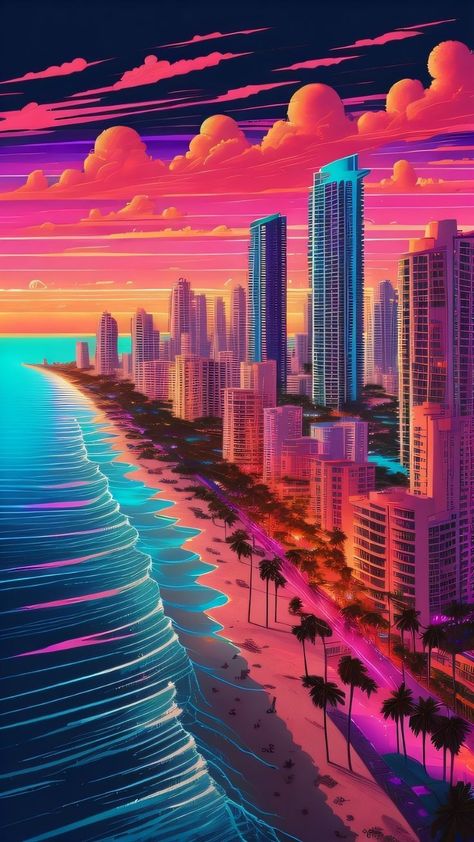 City Landscape Illustration, Aesthetic Lock Screen Wallpaper, Aesthetic Lock Screen, Grand Theft Auto Artwork, Synthwave Art, Cityscape Wallpaper, Wall Street Art, Vaporwave Wallpaper, Retro Wave