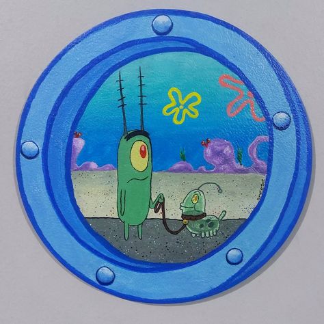 Spongebob Window, Plankton Spongebob, Cartoon Art Drawing, Spongebob Painting, Window Drawing, Circle Painting, Trippy Painting, Record Art, Canvas Painting Designs