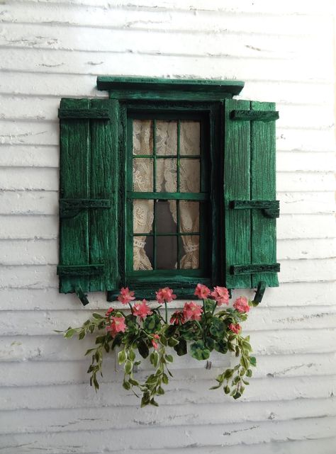 Green Shutters, Vintage Buffet, Window Box Flowers, Beautiful Windows, Garden Windows, Window Shutters, Old Windows, Fairy Doors, Miniature Houses