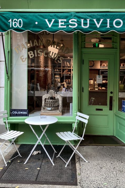 Vesuvio's green shopfront and gold-lettered name is much the same as when it opened in 1920 and continues to serve fresh baked Italian pastries, bread loaves, cookies, and soft serve gelato. European Bakery Aesthetic, Old Bakery Aesthetic, Cute Cafe Exterior, Bakery Exterior, European Bakery, Pie Aesthetic, Italian Coffee Shop, Cozy Bakery, Dream Bakery