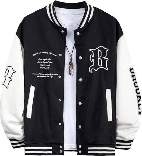 SHENHE Men's Slogan Graphic Button Down Varsity Jacket Baseball Bomber Jackets Aesthetic Guy Outfits, Sarcastic Clothing, Graphic Jackets, Jacket Baseball, Teen Boy Outfits, Stylish Hoodies, Dope Outfits For Guys, Black And White Shoes, Baggy Clothes