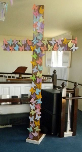 Easter Eggs In Movies, Butterfly Cutouts, Recipes Easter, Easter Prayers, Liturgical Art, Butterfly Cutout, Altar Design, Church Easter Decorations, Prayer Wall