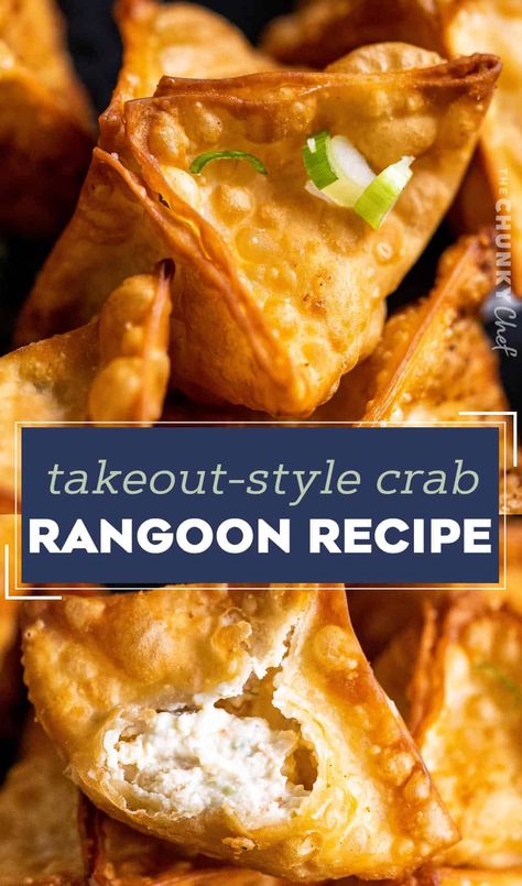 Even better than ordering takeout, this Crab Rangoon recipe is very simple to make, and is such an irresistible appetizer! Crunchy wonton wrappers wrapped around a creamy imitation crab meat filling... perfectly dip-able, and they're freezer-friendly too! Homemade Crab Rangoon, Wonton Wrapper Recipes, Rangoon Recipe, Crab Rangoon Recipe, The Chunky Chef, Chunky Chef, Cheese Wontons, Cream Cheese Wontons, Creamy Crab