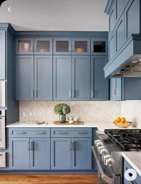 Gray Blue Kitchen, Color Design Home, Light Blue Kitchen Cabinets, Kitchen Blue Cabinets, Tiny Kitchen Inspiration, Blue Kitchen Cabinet Ideas, Blue Gray Kitchen, Blue Kitchen Cabinet, Walnut Kitchen Ideas